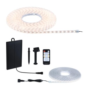 Aufgerollter 10m Solar LED Stripe warmweiß mit Solarpanel, Erdspieß, Halterung und Fernbedienung.