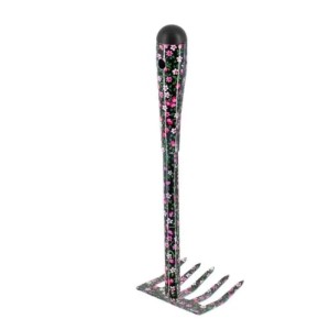 Galaflor Handrechen aus Stahl, schwarz mit pink-weißem Blumenmuster. 28 cm lang, 5 Zinken, mit Aufhängeloch.