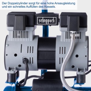 Scheppach Ultra Silent Kompressor HC08Si: Detailaufnahme des ölfreien Kompressors.