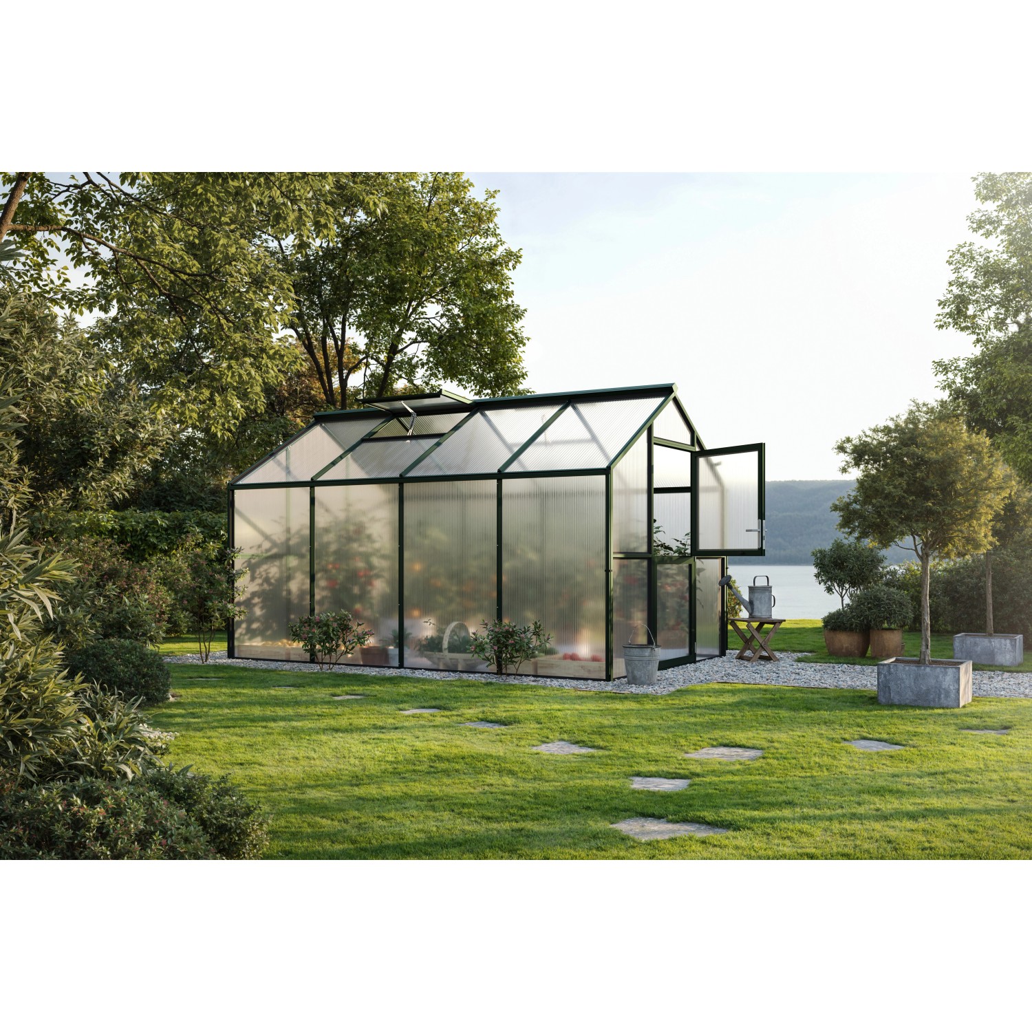 KGT Gewächshaus Novum IV, tannengrün, 11,14 m², mit geöffneter Tür im Garten.