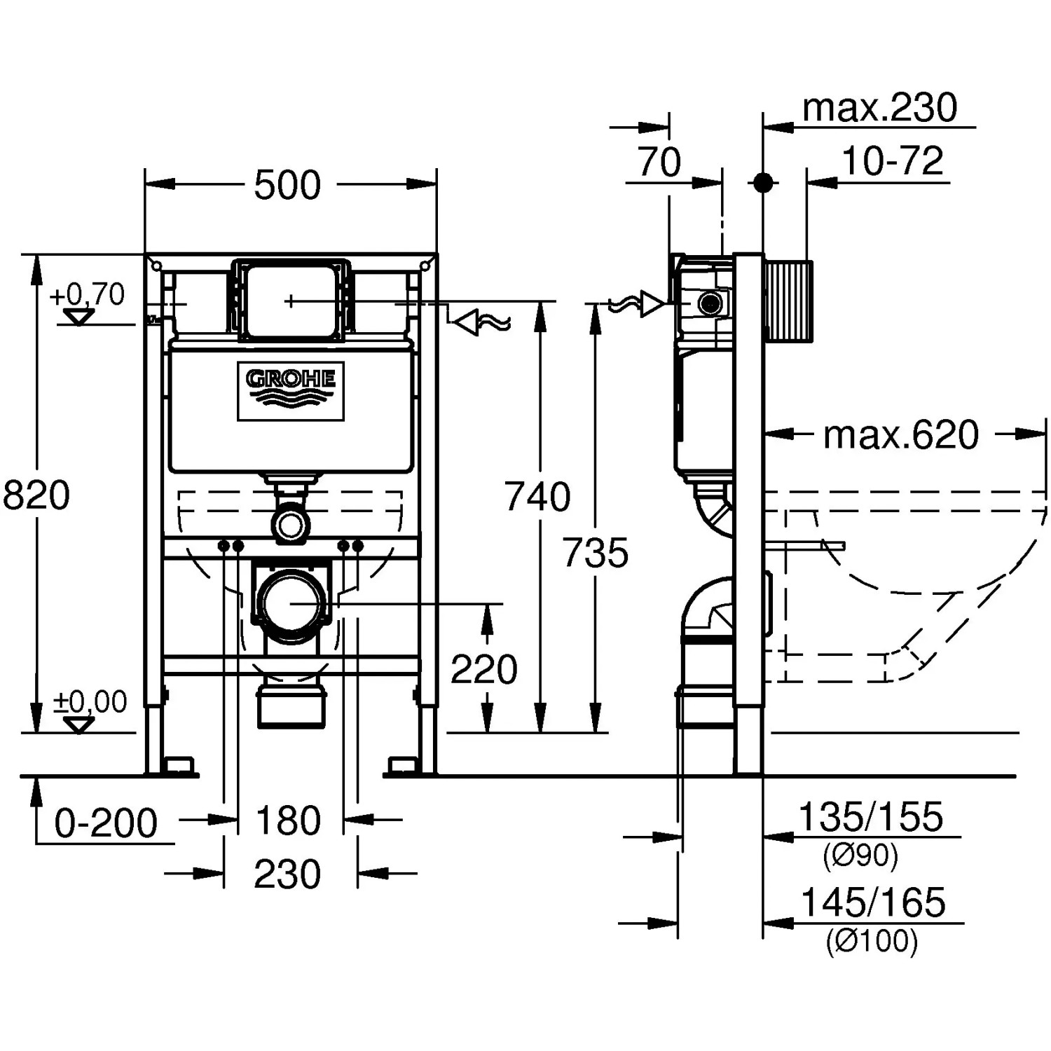 Technische Zeichnung: Grohe QuickFix Vorwandelement Solido für WC, Maße und Details zur Installation.