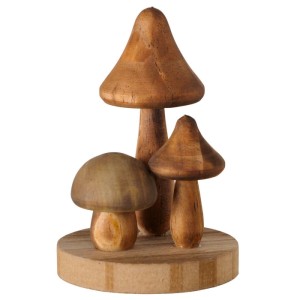 Drei braune Deko-Pilze aus Holz auf rundem Sockel. Handgearbeiteter Boltze Pilzano Aufsteller, 8,5 cm hoch.