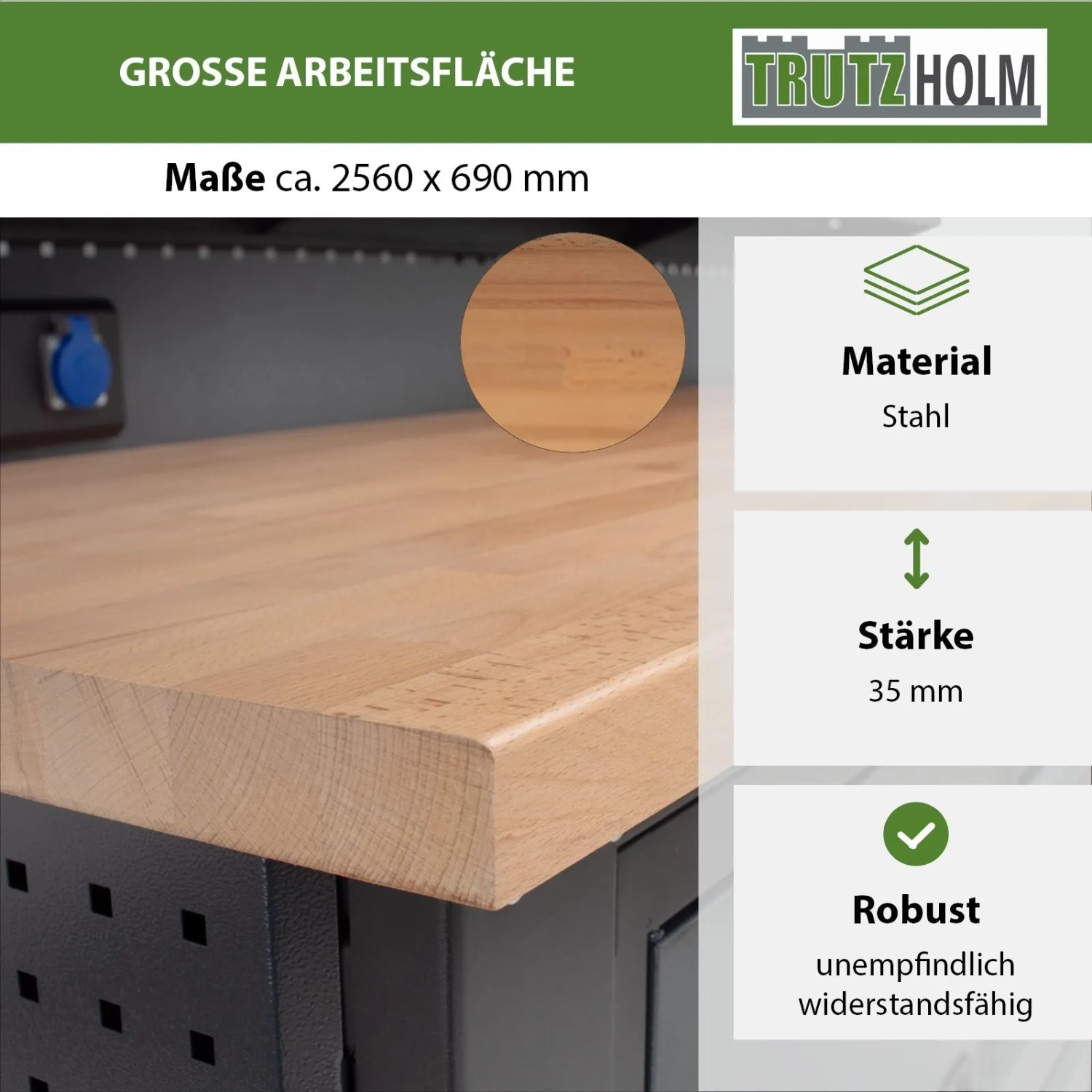 Detailaufnahme der robusten Echtholz-Arbeitsfläche der TRUTZHOLM Werkstattwand Profiline XXL.