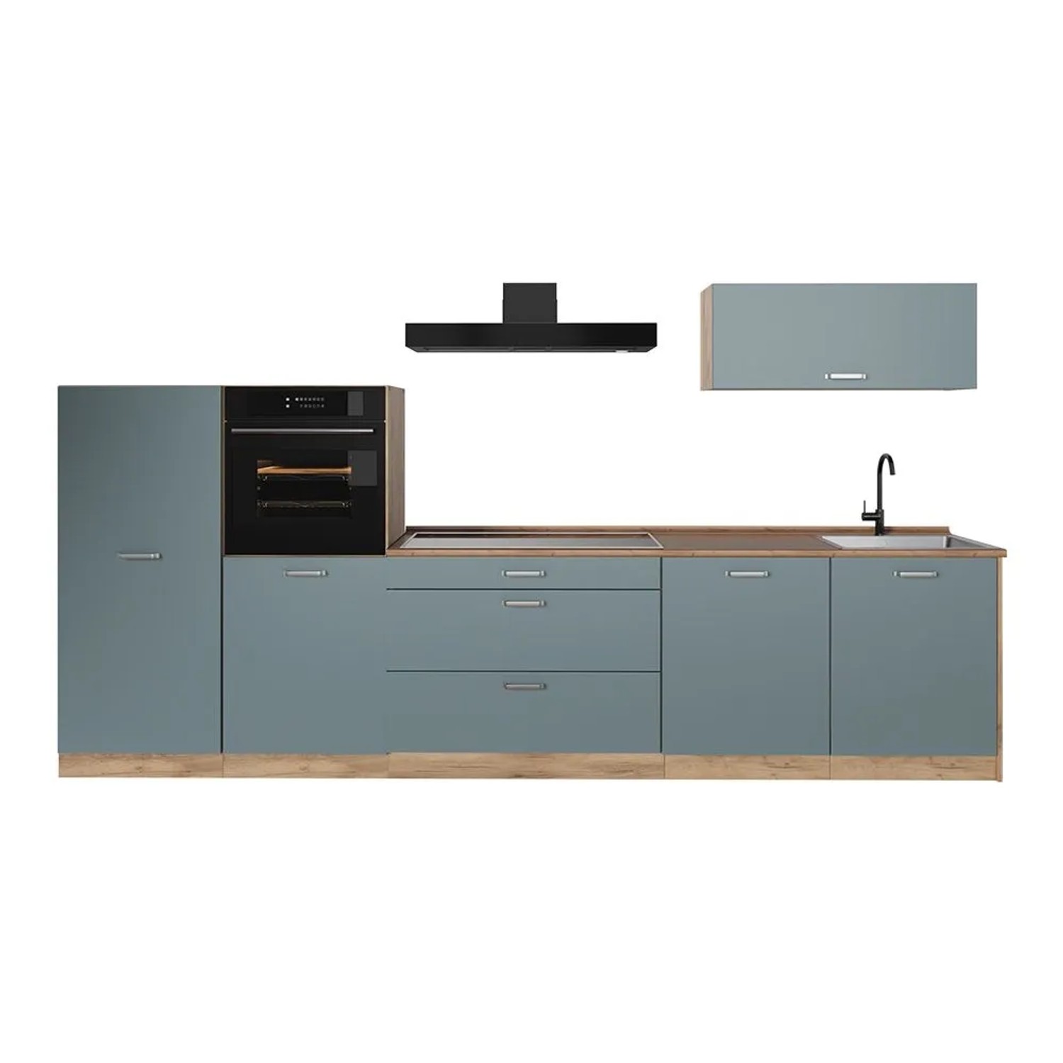 Vicco Küchenzeile R-Line Blau-Grau/Goldkraft Eiche 340 x 143 Arbeitsplatte Goldkraft Eiche Art Nr 67302