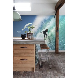 ESTAhome Fototapete Surfer in Blau- und Meeresgrün im Raum, 3,25x2,79m.