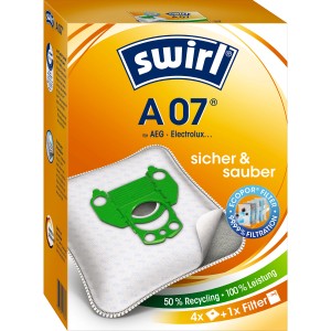 Verpackung Swirl A 07 EcoPor Staubsaugerbeutel, 4 Stück + 1 Filter. Passend für AEG, Electrolux.