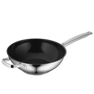 WMF Durado Wokpfanne aus glänzendem Cromargan Edelstahl, Ø 28 cm, mit schwarzer Antihaftbeschichtung und zwei Griffen. Für alle Herdarten.