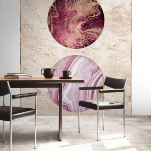 PROFHOME Fototapete Marmoroptik in Beige, Gold, Pink und Violett mit zwei Kreisen.