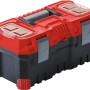 Werkzeugbox aus Kunststoff, rot/schwarz, mit Trageeinsatz und transparentem Organizer im Deckel.