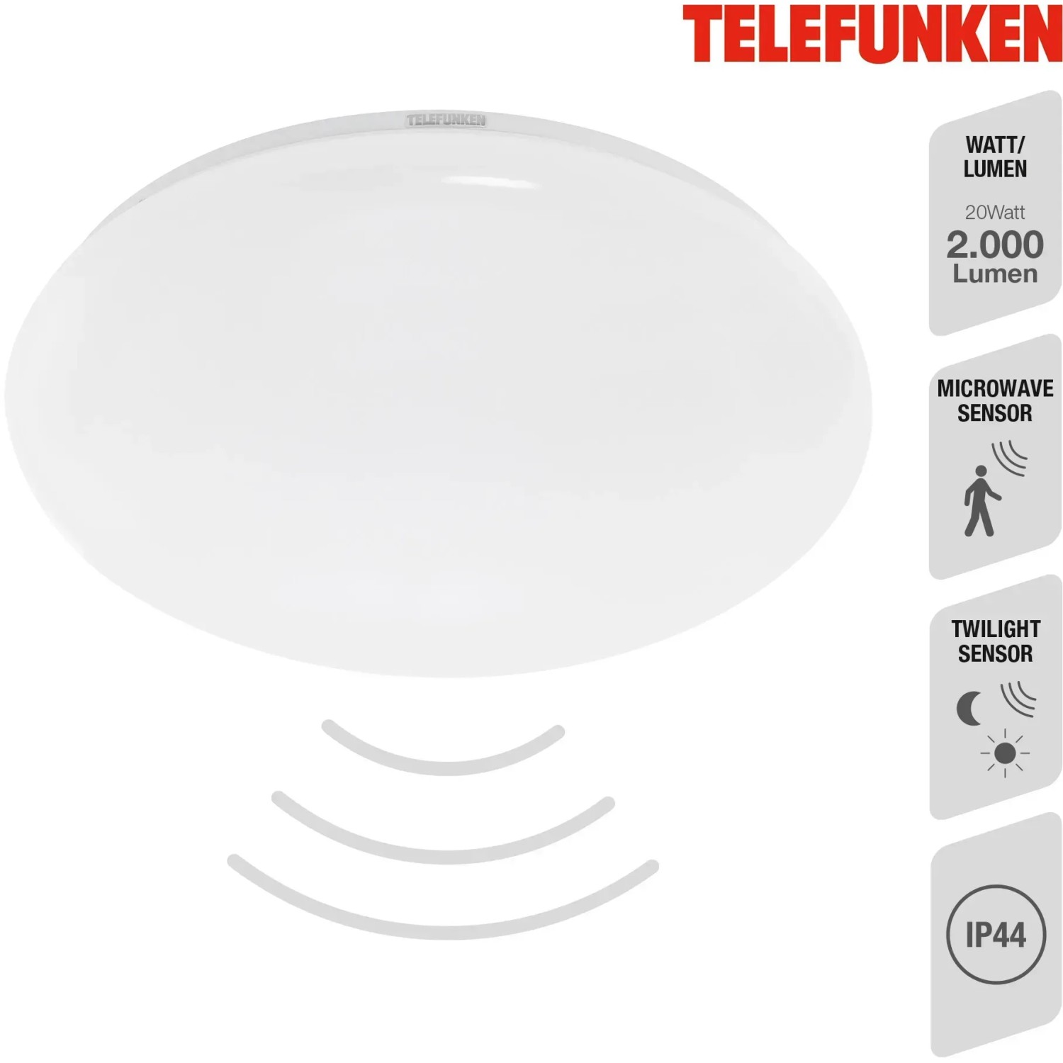 Weiße Telefunken LED-Deckenleuchte Apollon, Ø 40 cm, mit Sensor und IP44 Schutz.