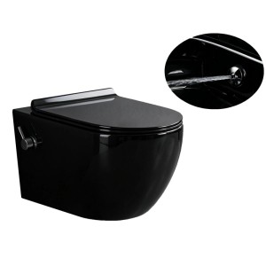 Schwarzes spülrandloses Wand-Dusch-WC mit Softclose-Sitz und Taharet-Funktion aus Sanitärkeramik.