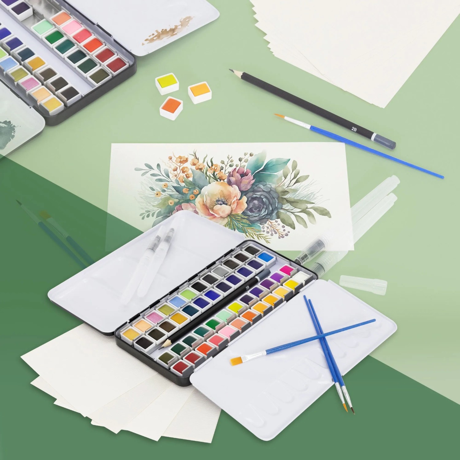 ECD Germany Aquarellfarben Set mit 48 Farben, Pinsel, Stiften und Papier im Malkasten.