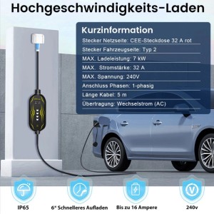 Junsun EV Ladegerät 7kw 5m Cable Smart App Type 2 1-phasig 6-32A Mit Adapter