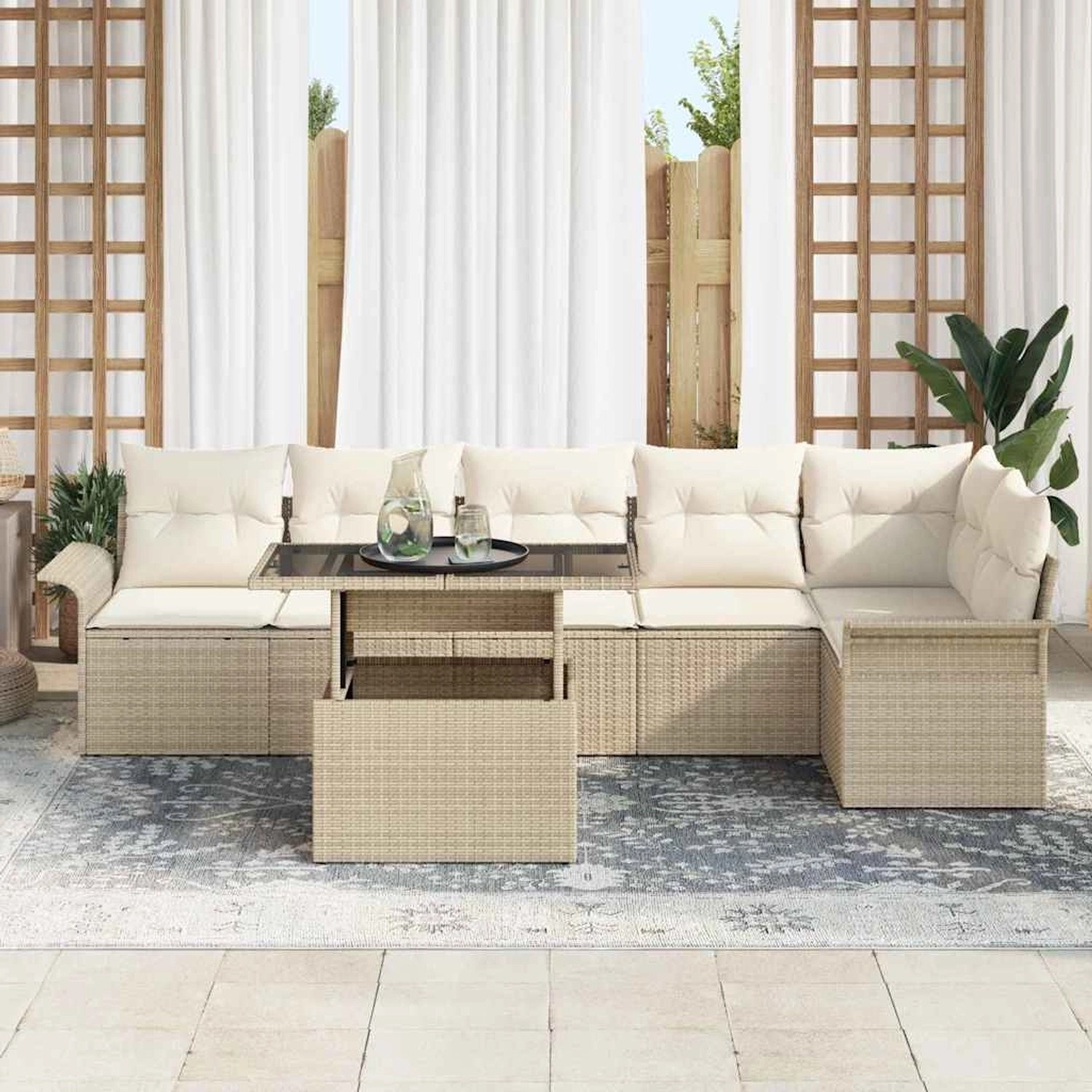vidaXL 7-Teiliges Garten-Sofa-Set mit Kissen Beige Poly Rattan 3348297 günstig online kaufen