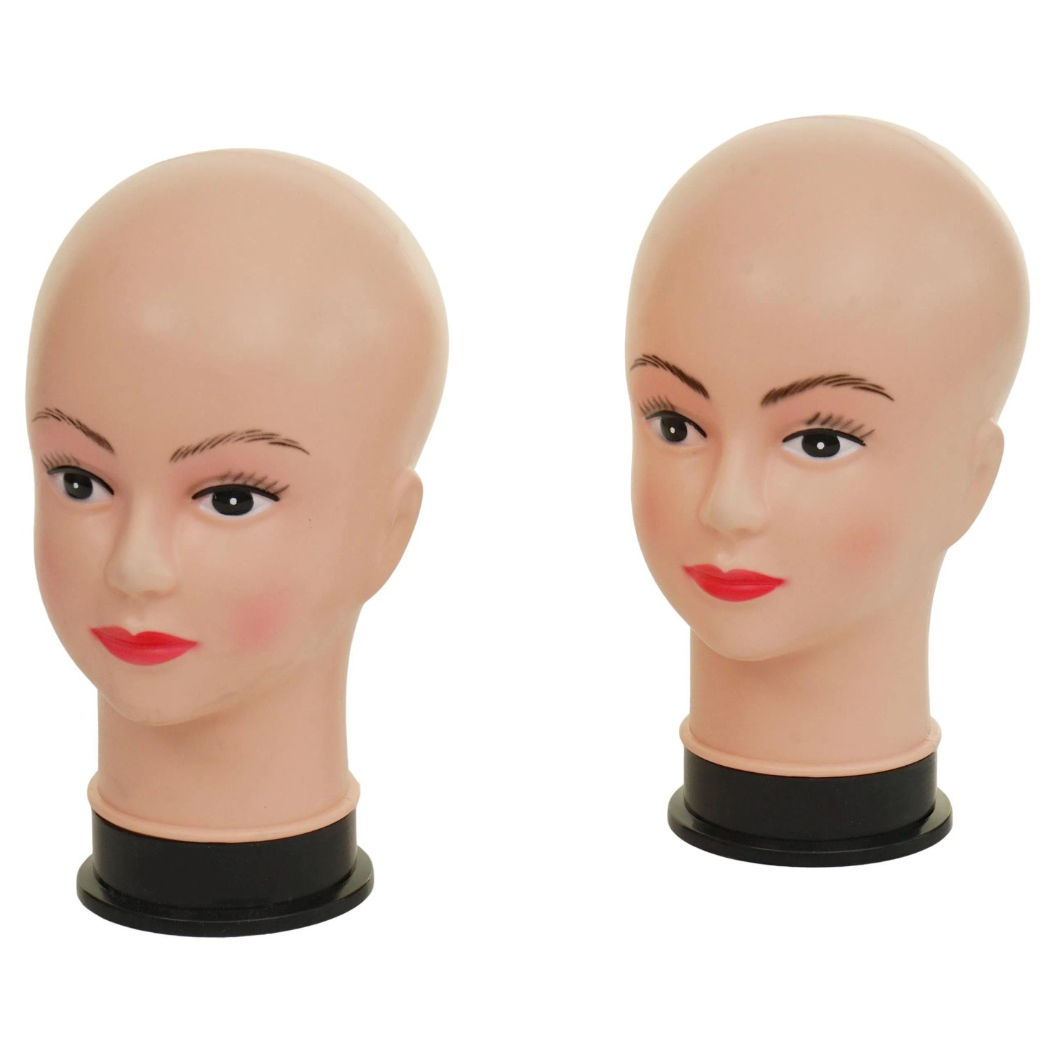 Zwei weibliche Mannequin-Köpfe aus Polypropylen mit geschminktem Gesicht und schwarzem Standfuß für Perücken & Accessoires.