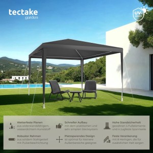 Grauer Tectake Pavillon Farah 3x3 m mit Stahlgestell und Gartenmöbeln im Außenbereich.