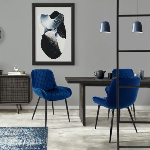 2er Set dunkelblaue ML-Design Esszimmerstühle mit Samtbezug und Armlehnen.