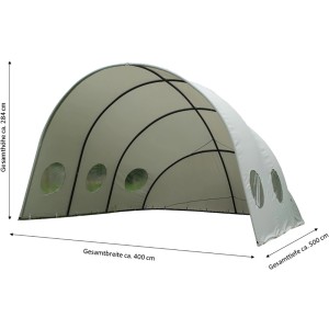 Lichtgrauer Pavillon Muschel 400x500x284 cm mit Rundfenstern. Ideal für Garten und Terrasse.