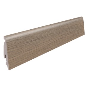 Sockelleiste in Graphiteiche-Optik, 58 mm hoch, zur Wandbefestigung.