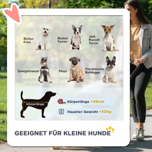 Infografik: Geeignet für kleine Hunde bis 48cm Körperlänge und 10kg Gewicht. Verschiedene Hunderassen als Beispiele.