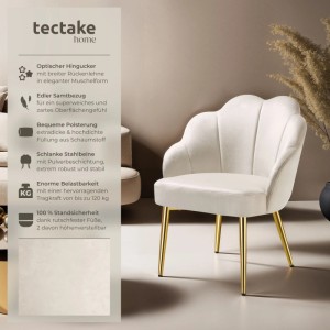Cremefarbener Tectake Cocktailsessel Hellen mit Samtbezug, goldene Stahlbeine. Gepolsterte Muschelform Rückenlehne für Wohnzimmer.