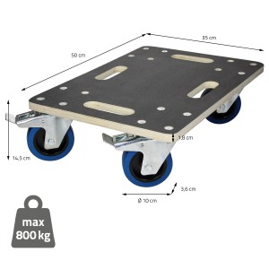 ECD Germany Transportroller mit Bremse, 35x50cm, bis 800kg. Rollbrett mit blauen Rädern.