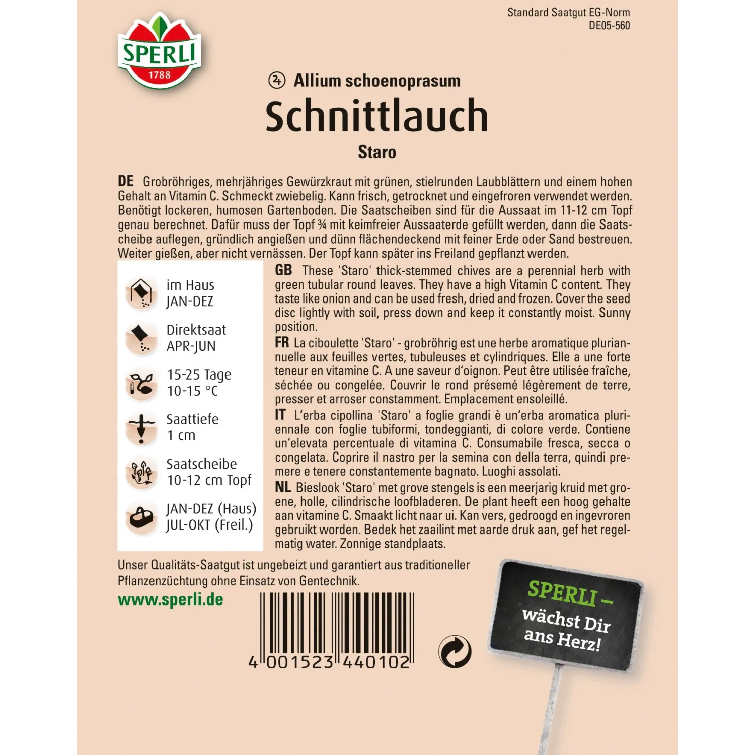 Sperli Schnittlauch Staro Samenpackung: Grobröhriger Schnittlauch für Garten und Balkon.