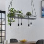 Schwarze Lindby Pendelleuchte Kirista im Retro-Stil mit 5 Leuchten und Ablage für Pflanzen.