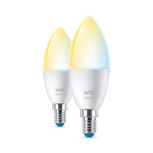 Zwei WiZ LED E14 Leuchtmittel in Glühlampenform, tunable white, 4,9W, 806 Lumen.