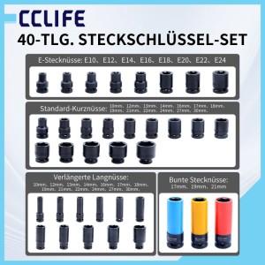 CCLIFE 40-tlg. Schlagschrauber Nüsse Set 1/2 Zoll: E-Profil, kurze & lange Stecknüsse, farbige Radnüsse.