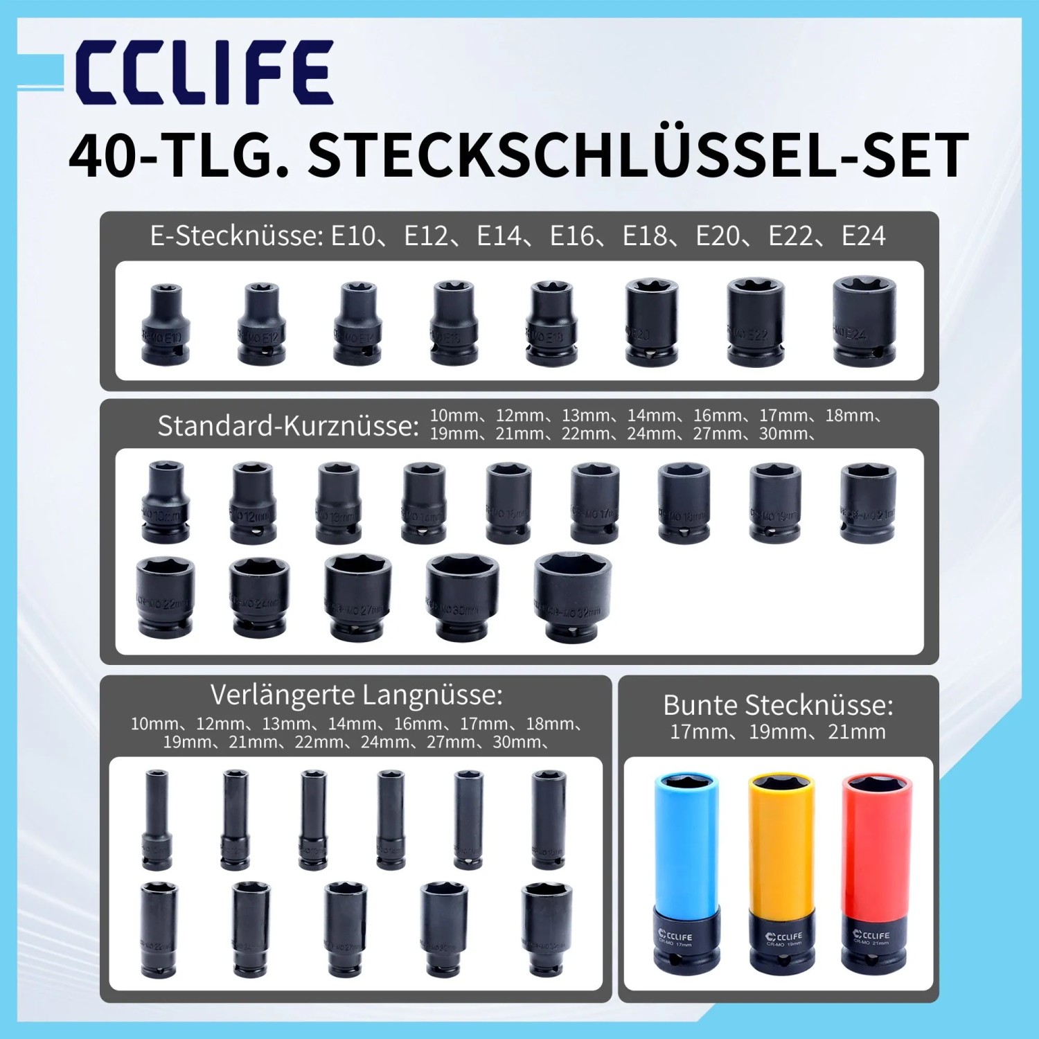 CCLIFE 40-tlg. Schlagschrauber Nüsse Set 1/2 Zoll: E-Profil, kurze & lange Stecknüsse, farbige Radnüsse.