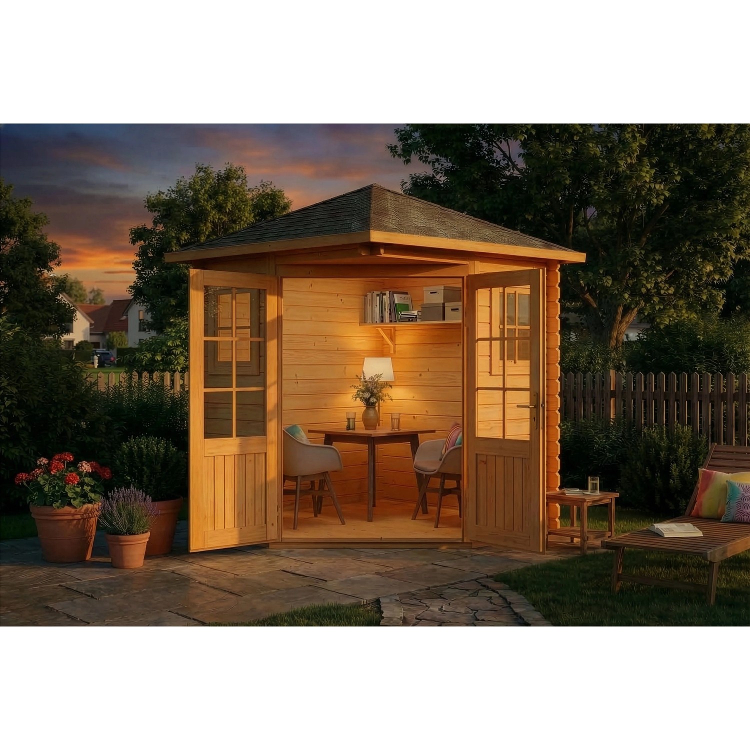 Imprägniertes 5-Eck Gartenhaus Sunny-A Natur, 200x200 cm, mit Doppeltür und Fenstern.
