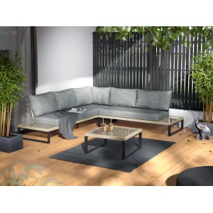 Graues 3-teiliges Lounge-Set Calora aus Rattangeflecht und Aluminium mit Tisch und grauen Kissen.