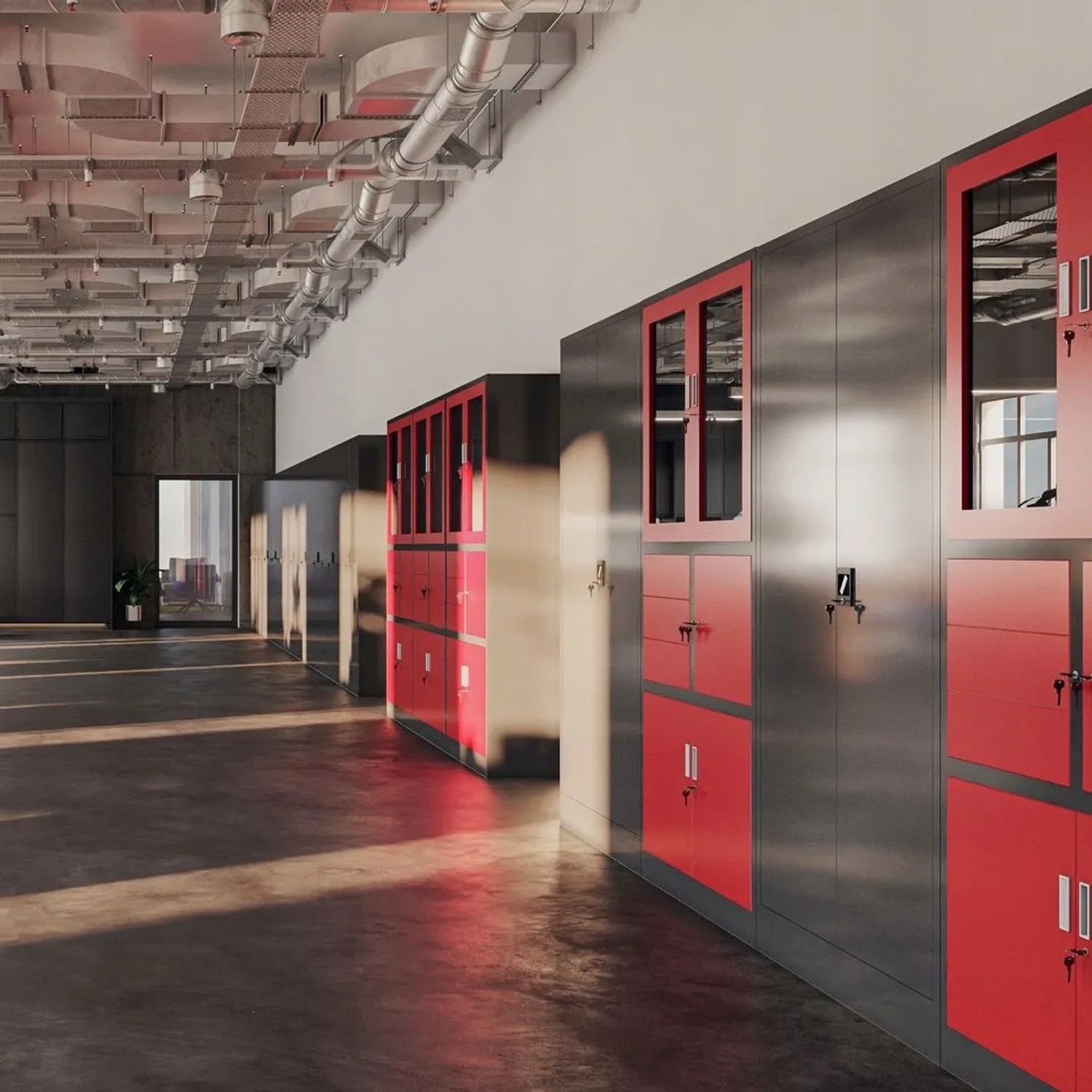Jan Nowak Büro Aktenschrank Metallschrank Anthrazit Rot mit abschließbaren Türen in modernem Büro. Ideal für Archiv.