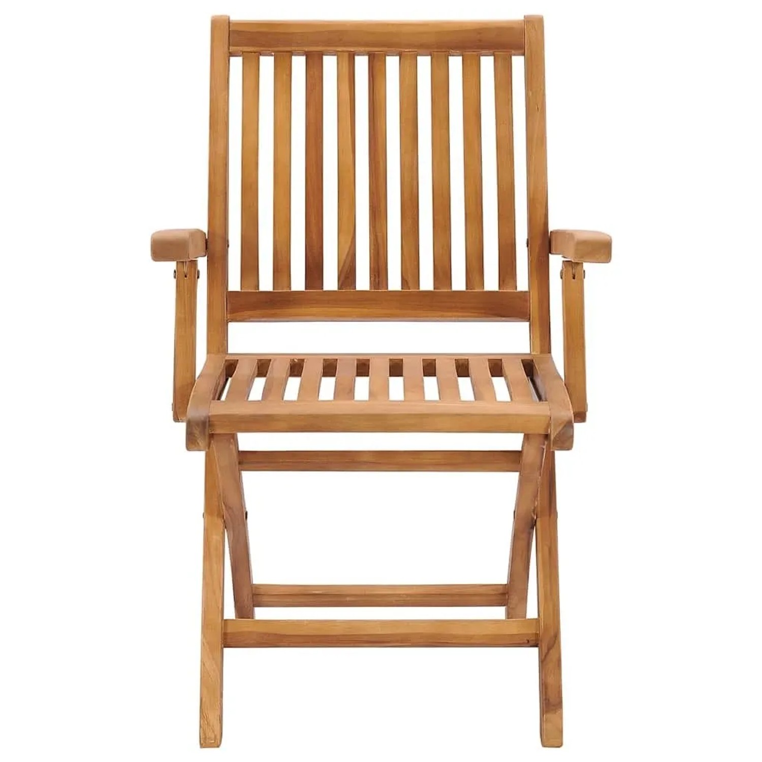 Klappbarer Gartenstuhl aus Teakholz, mit Armlehnen und Lattenmuster.