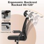 Schwarzer ergonomischer Bürostuhl mit Netzrücken, verstellbarer Kopfstütze, hochklappbaren Armlehnen & Wippfunktion 90-120°.