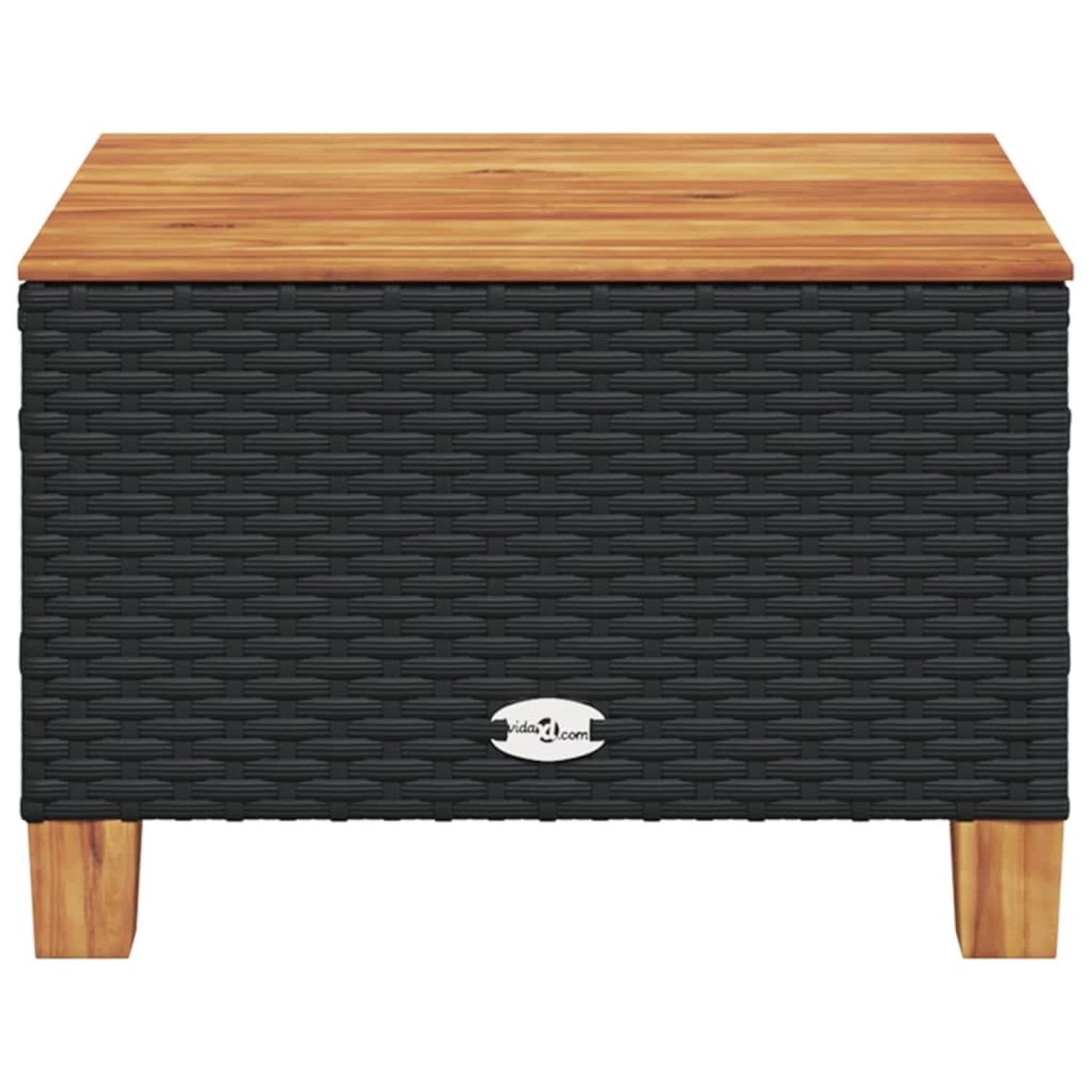 Schwarzer vidaXL Gartentisch aus Rattan mit Akazienholzplatte, 55x55x36 cm.
