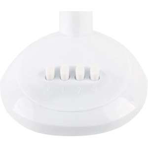 Detailaufnahme des weißen CMI Tischventilators mit Schaltern für 3 Geschwindigkeiten.
