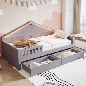 Graues Merax Kinderbett 90x200cm mit LED-Beleuchtung im Haus-Kopfteil und zwei praktischen Schubladen.