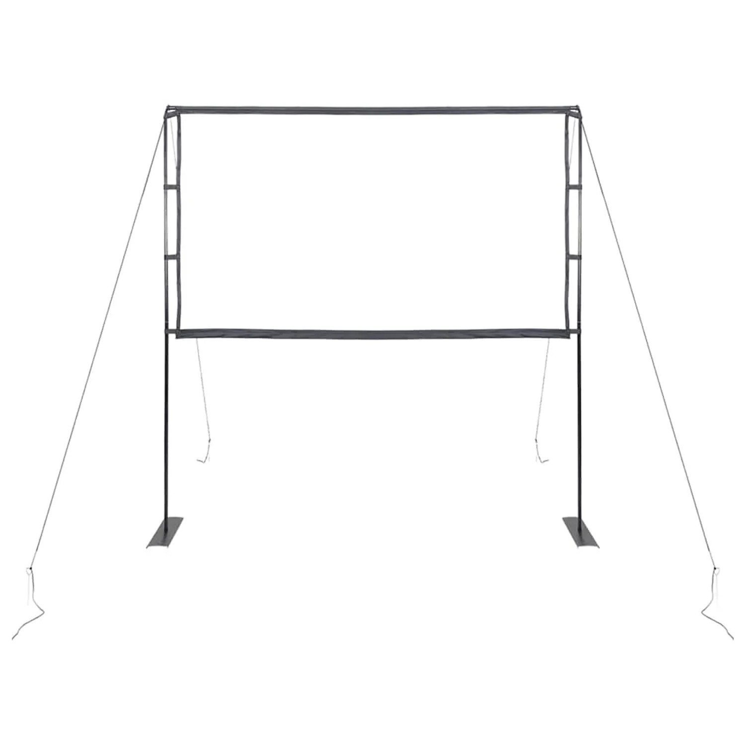 Weiße Projektionsleinwand 84 Zoll 16:9 mit schwarzem Rahmen und zwei Ständern, stabilisiert mit Seilen. Ideal für Heimkino.