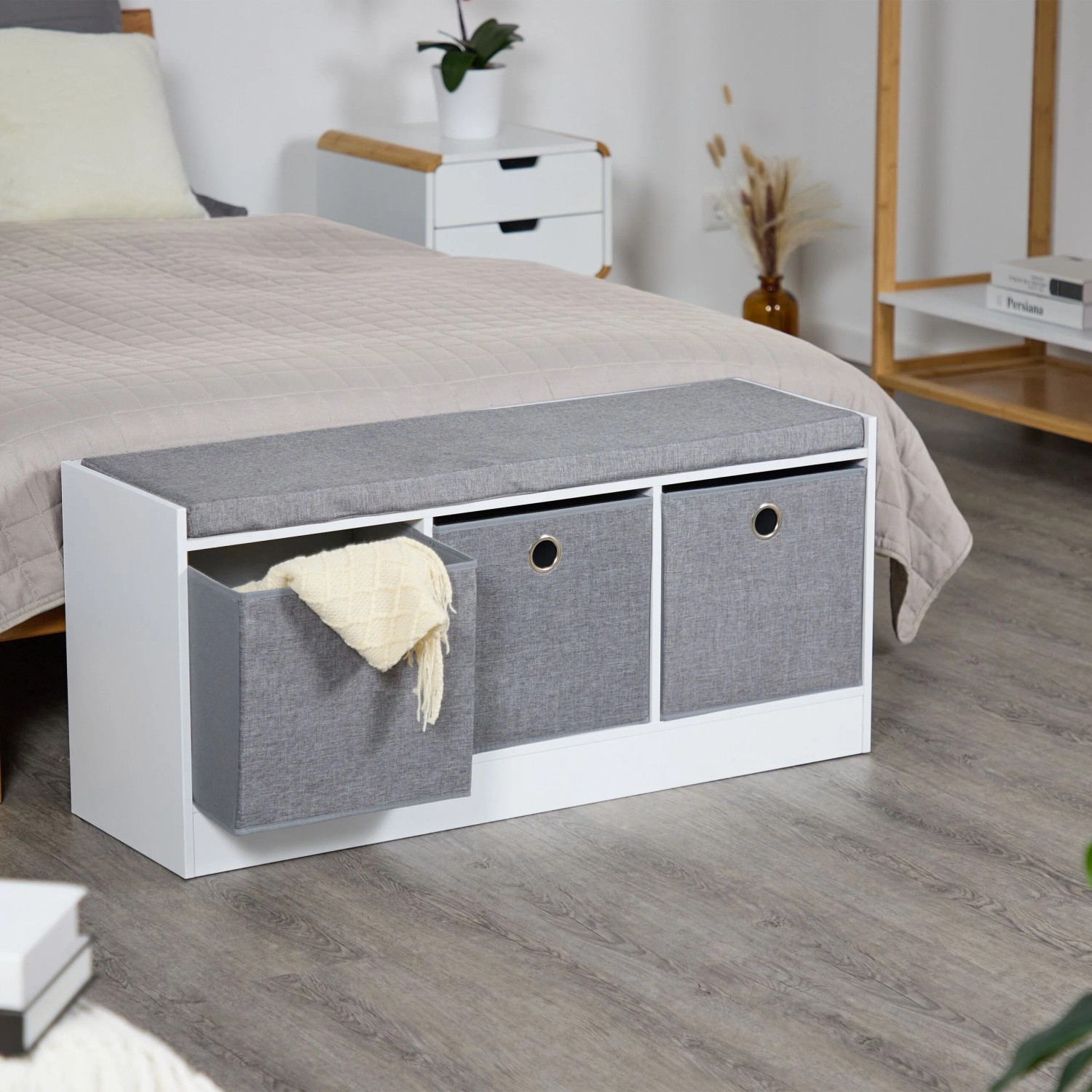 Relaxdays Sitzbank Spanplatte Weiß Grau Mit Polster 102 cm x 32 cm x 46 cm_3