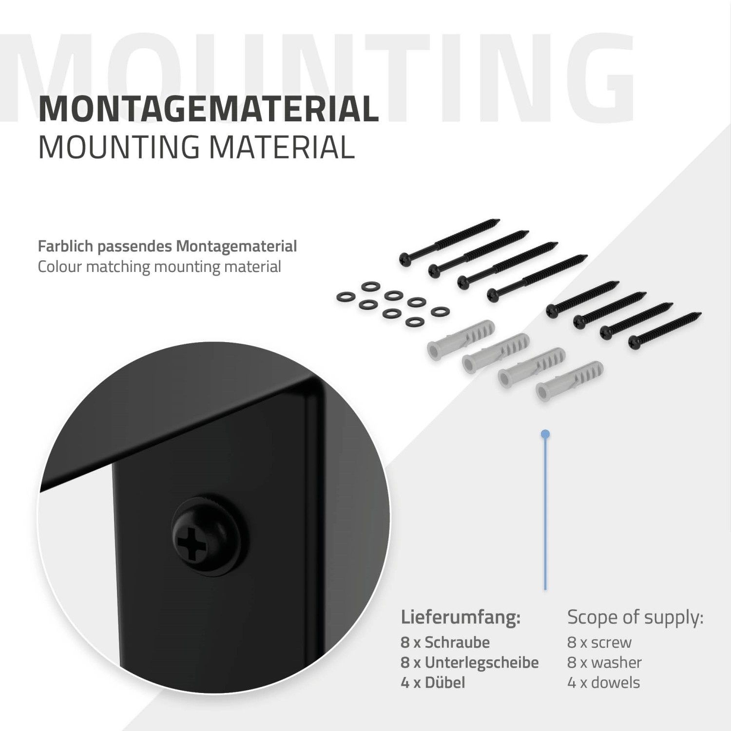 Montagematerial für ML-Design Wandkonsole, 8 Schrauben, Unterlegscheiben und 4 Dübel.
