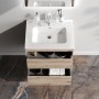 Wandhängender AM.PM Waschtischunterschrank Spike 60 cm Eichenfarbe mit weißem Becken und 2 offenen Schubladen.