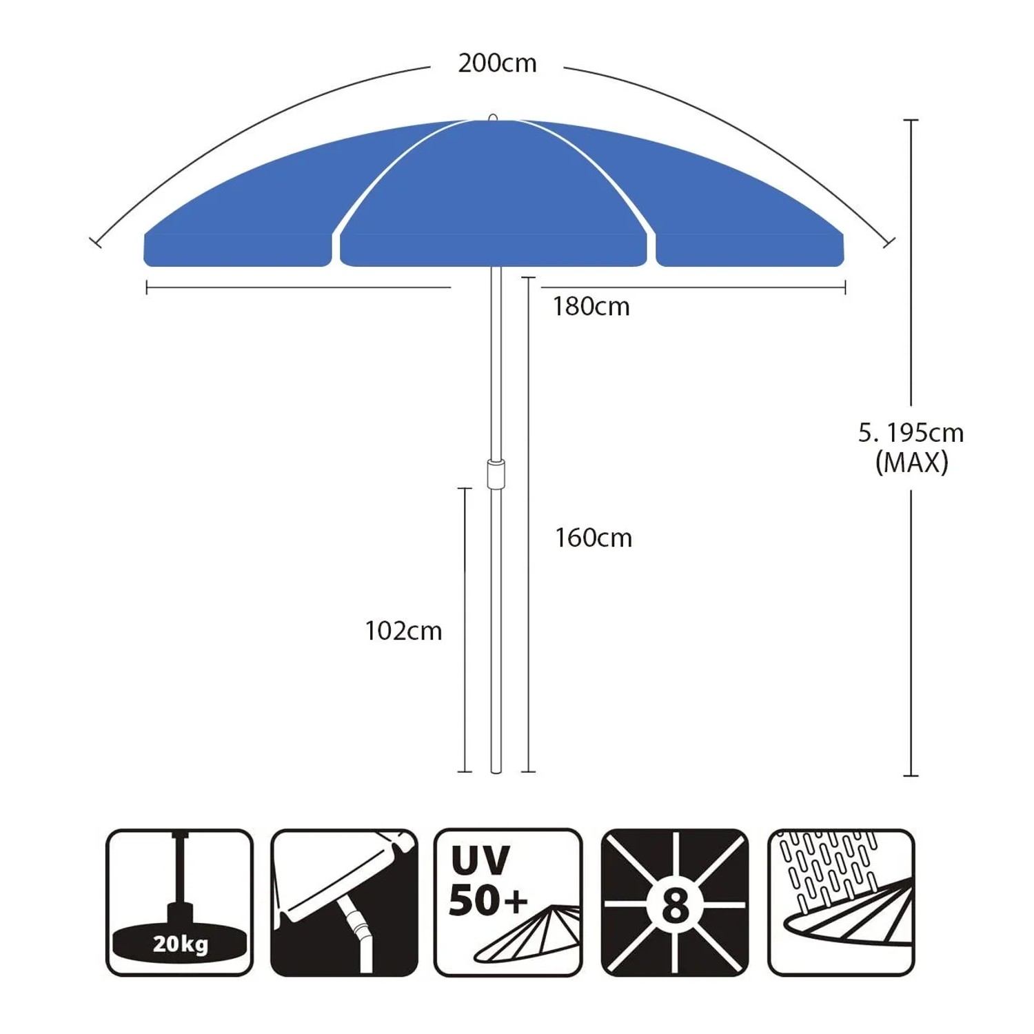 Technische Zeichnung Sekey Balkonschirm 200cm, Maße und Details zum Sonnenschirm für Balkon und Garten.