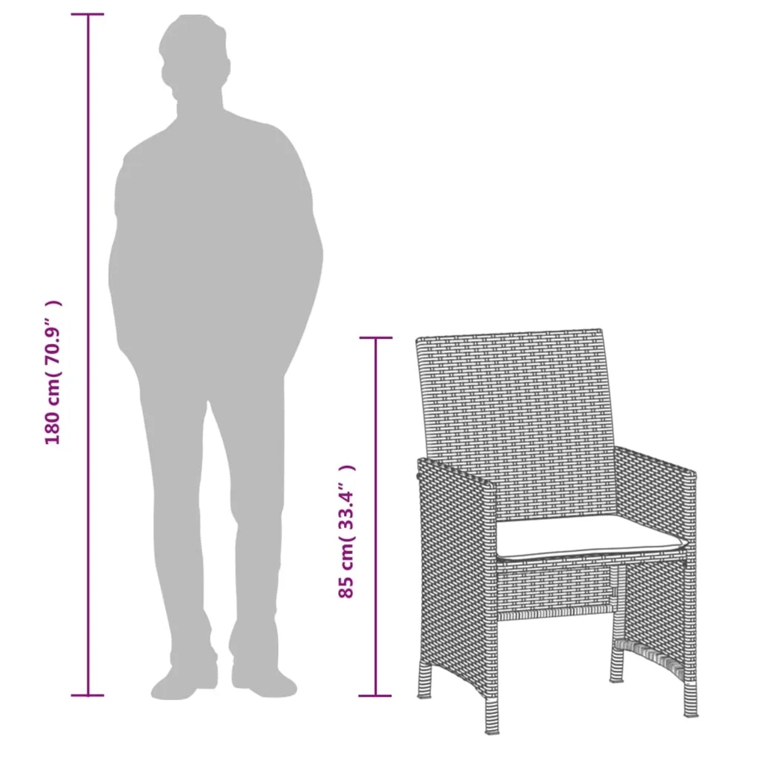 vidaXL Bistro-Set, 3-teilig, beige Poly Rattan, mit Maßen des Stuhls und einer Person als Größenvergleich.