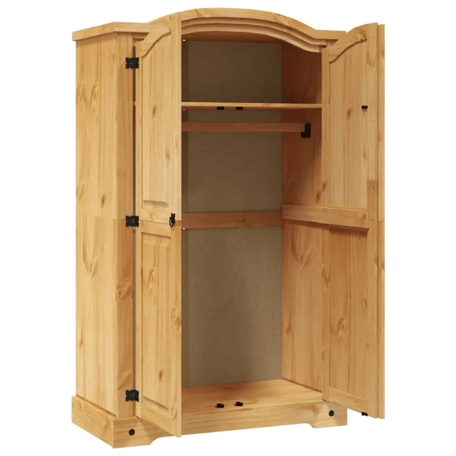 Offener Kleiderschrank im Mexiko-Stil aus Kiefernholz mit zwei Türen, Einlegeboden und Kleiderstange.