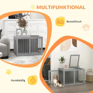 Grauer PawHut Hundekäfig mit Türen, multifunktional als Hundezwinger und Beistelltisch.
