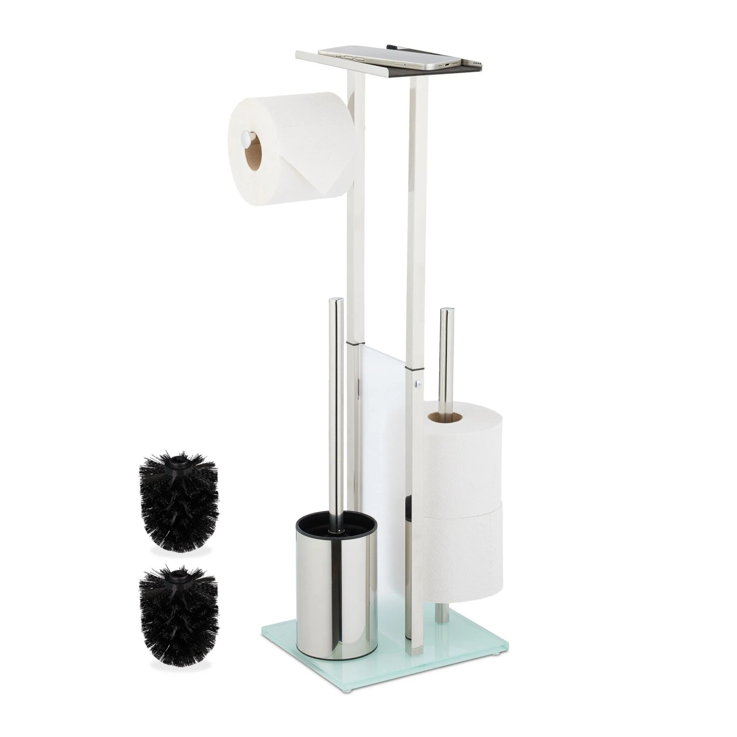 Relaxdays WC Garnitur Edelstahl Glas Silber Freistehend Rutschfest mit Ablage 66 cm x 24 cm x 18 cm 1,9 kg