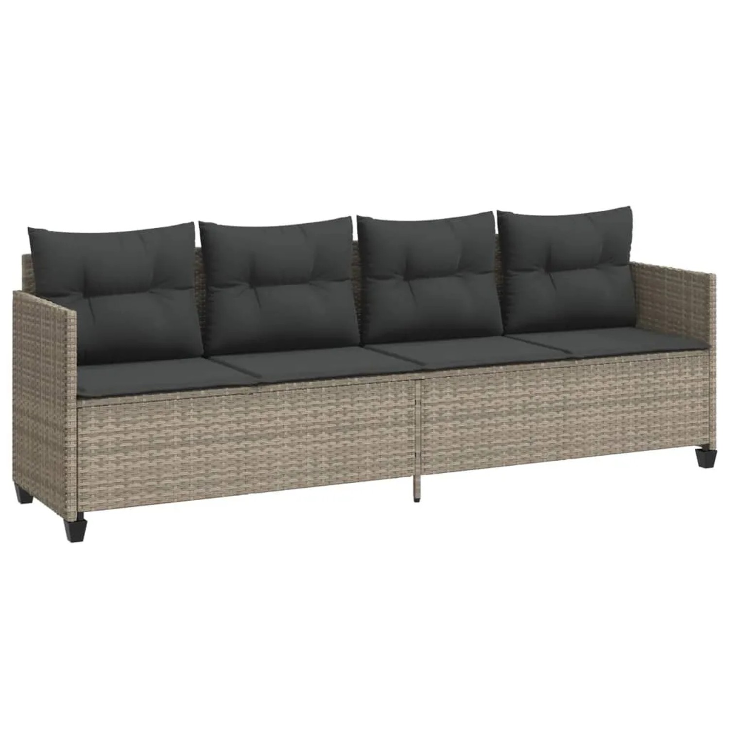 Hellgraue 5-tlg. Garten-Sofagarnitur aus Polyrattan mit dunklen Kissen.