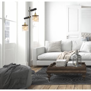 Globo Stehlampe Comma, 2-flammig, schwarz-gold mit Glaskristallen, modernes Design.